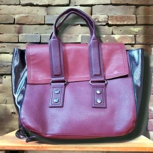 French Connection Dark Red Black Faux Leather Elite Satchel Tote with Claps